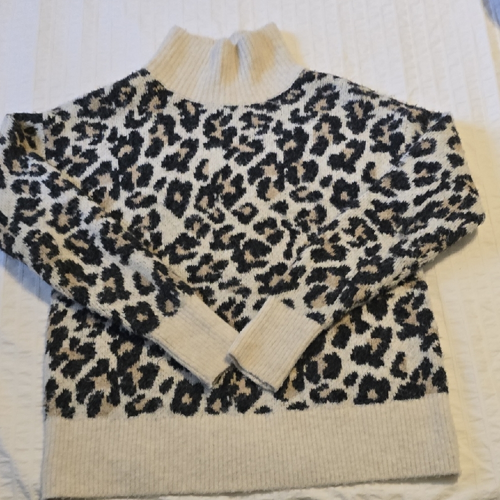 LOFT Cream and Black Animal Print Turtleneck Sweater